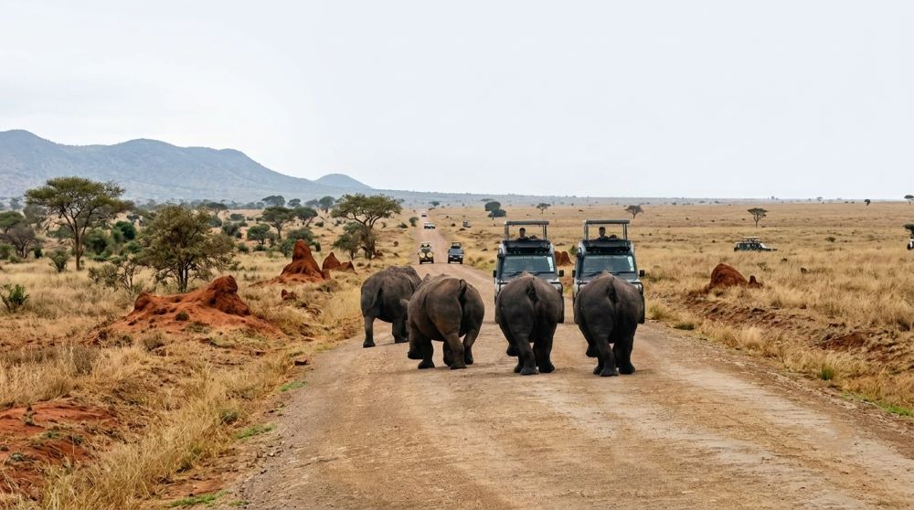 Red elephant in Tsavo National Park with volcanic landscape