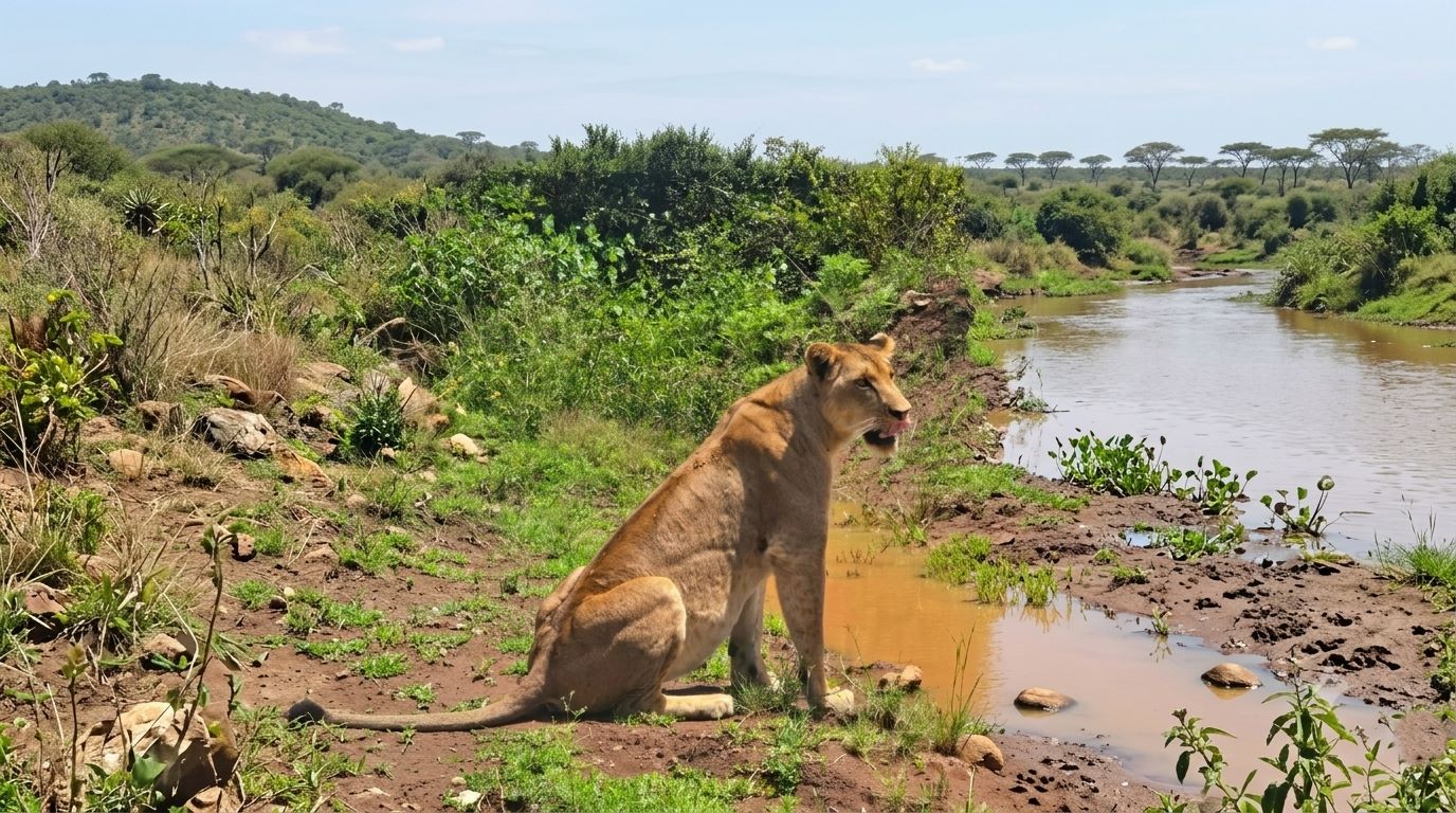 Lion in golden grass with sunset at Maasai Mara